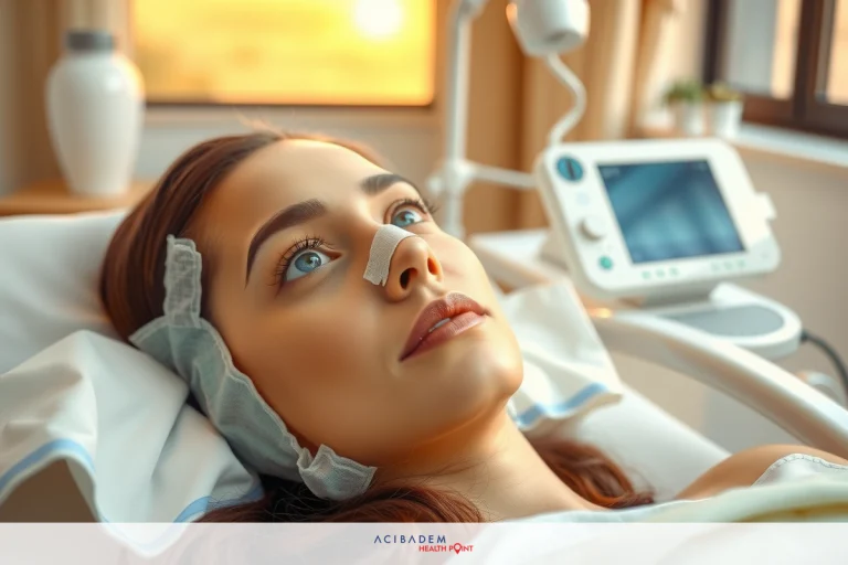 How Long is Nose Job Surgery? A woman lying in a hospital bed with medical equipment around her, possibly undergoing treatment. The environment suggests a clinical setting, and the colors are muted, focusing on the patient.