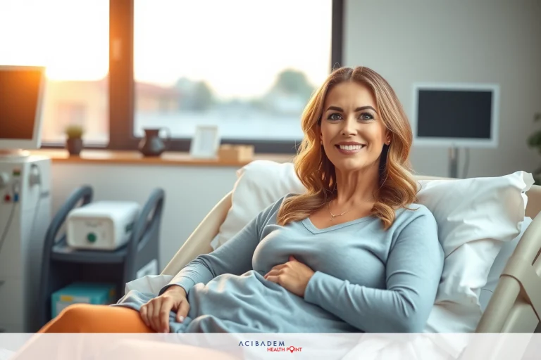 Smiling woman in hospital bed, hands on tummy, smiling at the camera, bright and airy room with sunlight streaming in.