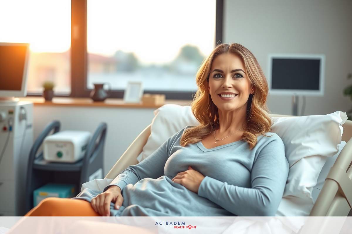 Smiling woman in hospital bed, hands on tummy, smiling at the camera, bright and airy room with sunlight streaming in.
