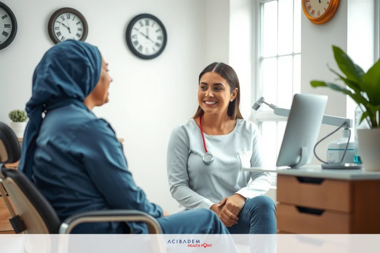 How Much Does It Cost to Get a Nose Surgery? In a modern medical office, two women engage in conversation. One woman is seated and appears to be receiving care from the standing woman who is dressed in professional medical attire. They are surrounded by typical office equipment including a computer on a desk and a potted plant adding a touch of greenery.