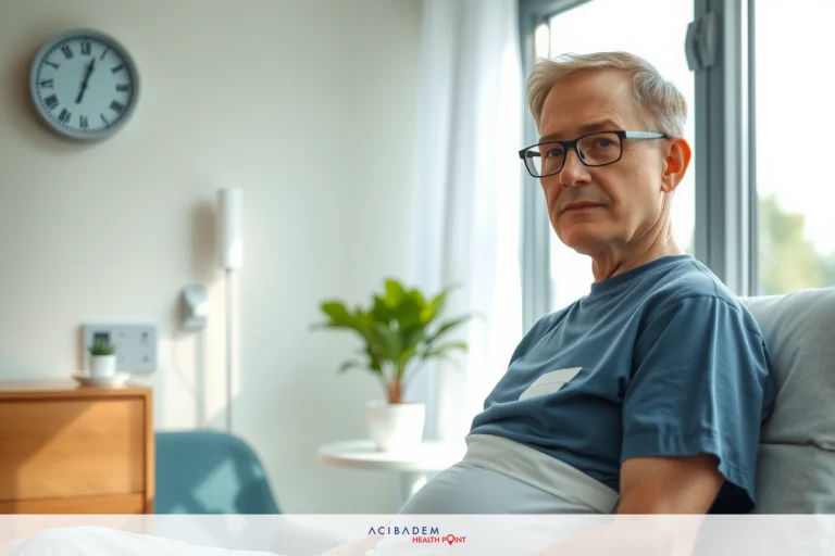 The image shows a man sitting in what appears to be a hospital room. He is wearing a light blue gown and has a concerned look on his face, looking at the camera. The room has modern decor with warm colors, a comfortable couch, and a potted plant. A clock hangs on the wall above a window that lets in natural light.