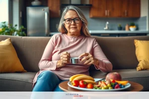 An elderly woman is seated on a couch, holding a cup in her hand and enjoying a healthy snack consisting of fruits like bananas, apples, and possibly oranges. The setting appears to be a cozy living room with wooden floors and furniture.
