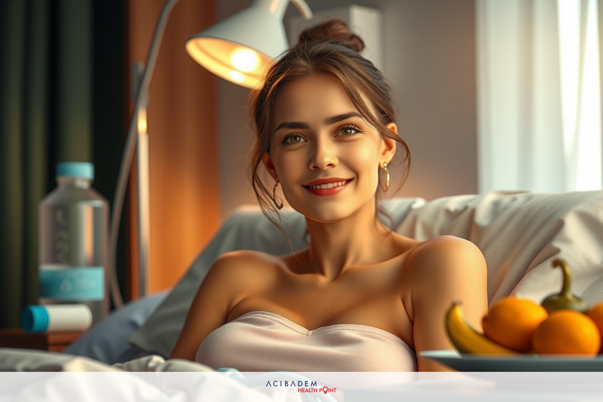 The image depicts a woman lying in bed, smiling at the camera. She has blonde hair styled up and is wearing a light pink nightgown. The room has a soft, warm ambiance with natural light coming through an unseen window. There are fruits on the table beside her bed.