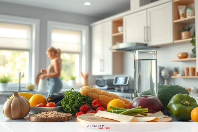 The image showcases a modern kitchen with a focus on healthy eating. Various fresh fruits and vegetables are neatly arranged on the countertop, including a banana, an orange, and carrots. There is also a water glass on the counter, suggesting someone might be preparing for a workout or simply staying hydrated. The kitchen itself has a contemporary design with white cabinets and stainless steel appliances.