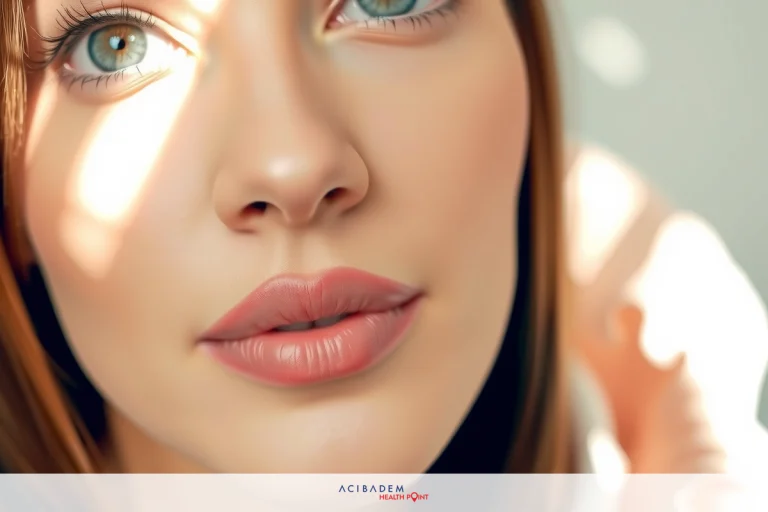 Non-Surgical Rhinoplasty in Turkey Close-up of a woman with blue eyes and red hair, making an expression against the sunlit backdrop.