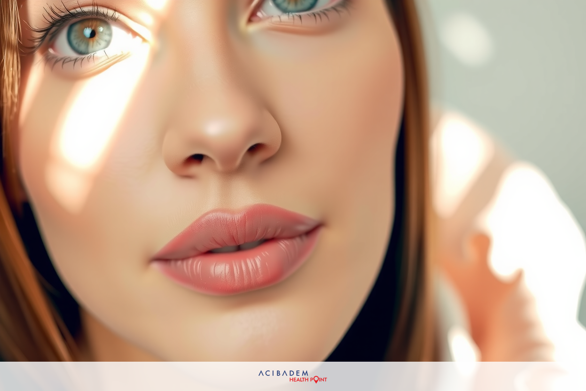 Close-up of a woman with blue eyes and red hair, making an expression against the sunlit backdrop.