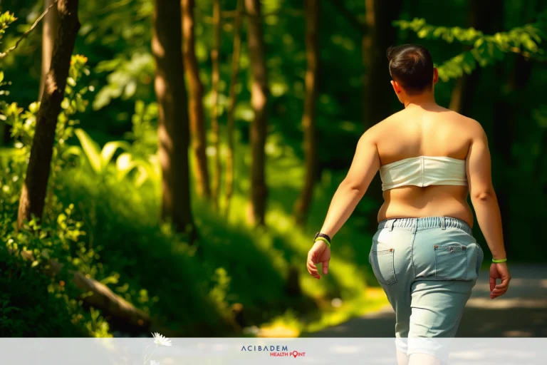 The image features a person walking outdoors, likely in a park or natural setting. The individual is wearing shorts and a sports bra, suggesting they might be participating in physical activity. There are trees and vegetation visible, indicating a lush environment. The lighting suggests it could be daytime with sunlight filtering through the foliage.