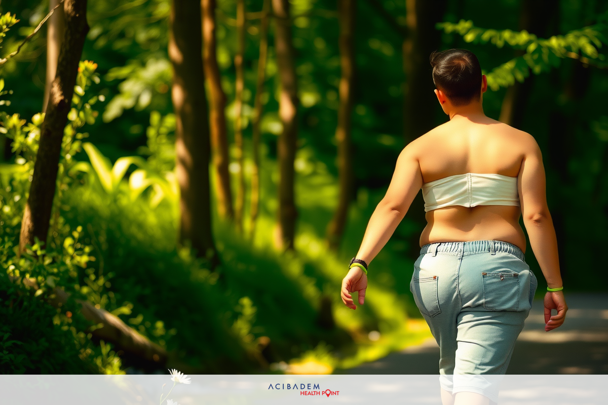 The image features a person walking outdoors, likely in a park or natural setting. The individual is wearing shorts and a sports bra, suggesting they might be participating in physical activity. There are trees and vegetation visible, indicating a lush environment. The lighting suggests it could be daytime with sunlight filtering through the foliage.
