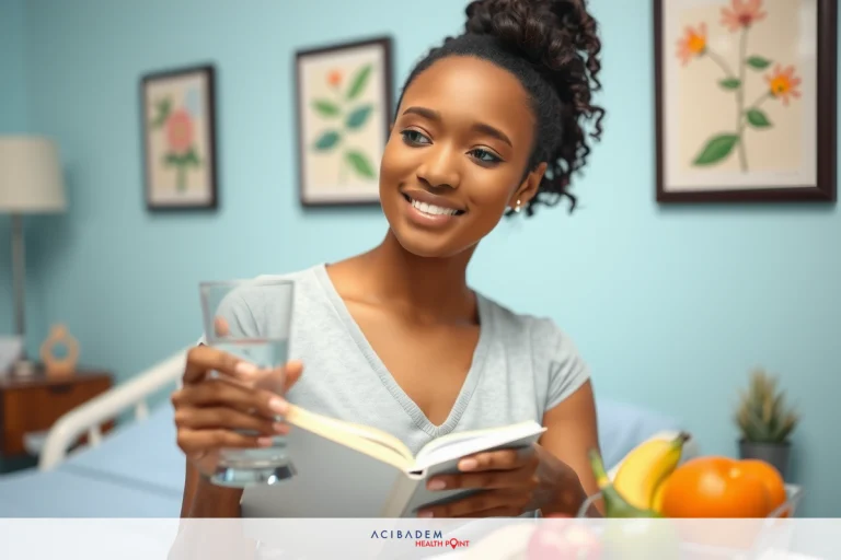 The image features a young woman in an indoor setting. She is seated comfortably, holding a book and a glass of water. The environment suggests a cozy, domestic space with furniture and decor that include a bed, nightstand, and framed pictures on the wall. Her attire is casual yet neatly worn. The color palette is soft and inviting, contributing to the relaxed atmosphere of the scene.
