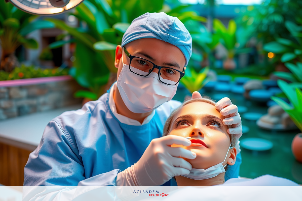 The image shows a plastic surgeon performing nose examination. The plastic surgeon is wearing protective gear including gloves, and has his hands in the face of the patient. There's an operating environment that looks like a modern medical office with sterilized equipment and sanitary conditions.