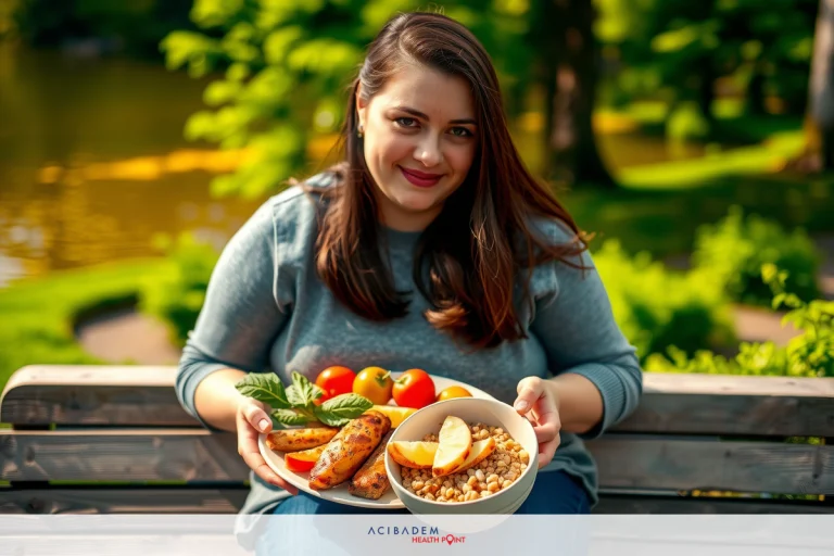 Can You Eat Nuts After Gastric Sleeve? A woman sitting on a bench holding plates of colorful food, smiling. There's a bowl with what appears to be fruit and vegetables, suggesting a healthy meal or picnic setting. The background is bright with natural lighting, indicating an outdoor environment, possibly a park or similar location.