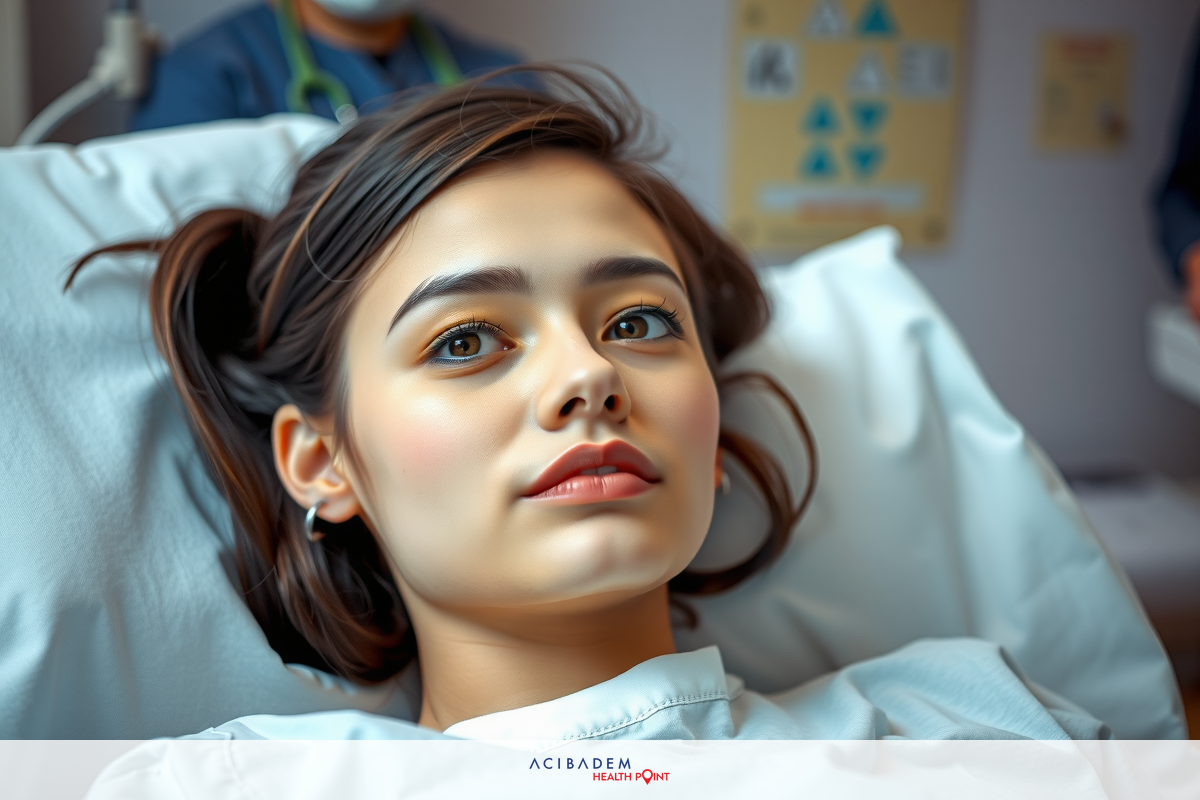 The image shows a woman lying in a hospital bed, smiling gently. She appears to be undergoing medical treatment or monitoring. The setting is clinical and sterile, with hospital staff present in the background attending to her.