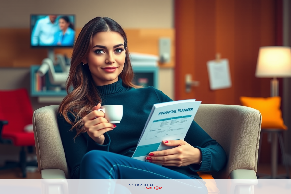 Woman in a modern office setting, reading documents and sipping from a coffee mug. She has long dark hair, is wearing a black turtleneck sweater and blue jeans. The room features wooden elements with a warm color palette.