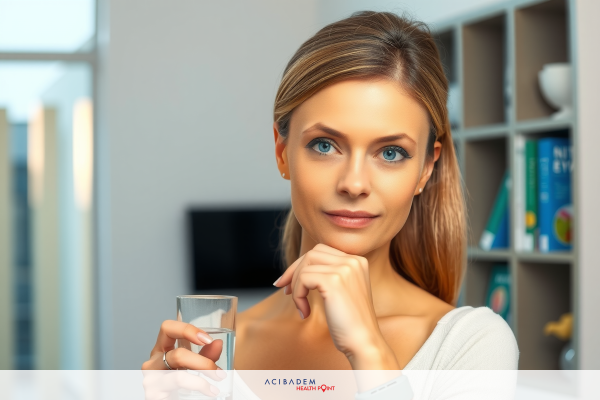 A woman with a serious expression is shown in a contemporary office setting, sipping from a glass. She has light hair and is wearing a white top. The room features bookshelves and modern furniture.