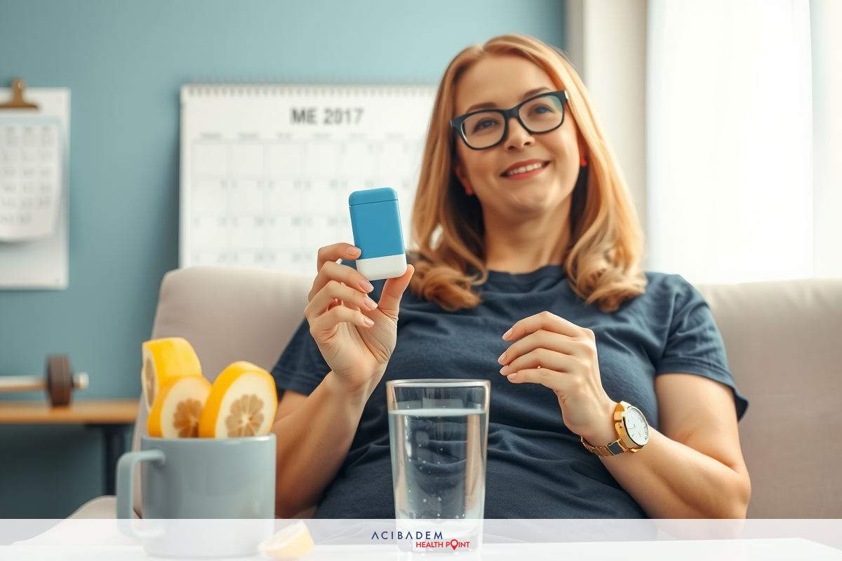 The image depicts a woman seated on a sofa, holding an object in her hand. The setting appears to be an indoor environment with a calendar and other items indicating a comfortable living space. The woman is wearing glasses and seems to be examining or showing the item she's holding.