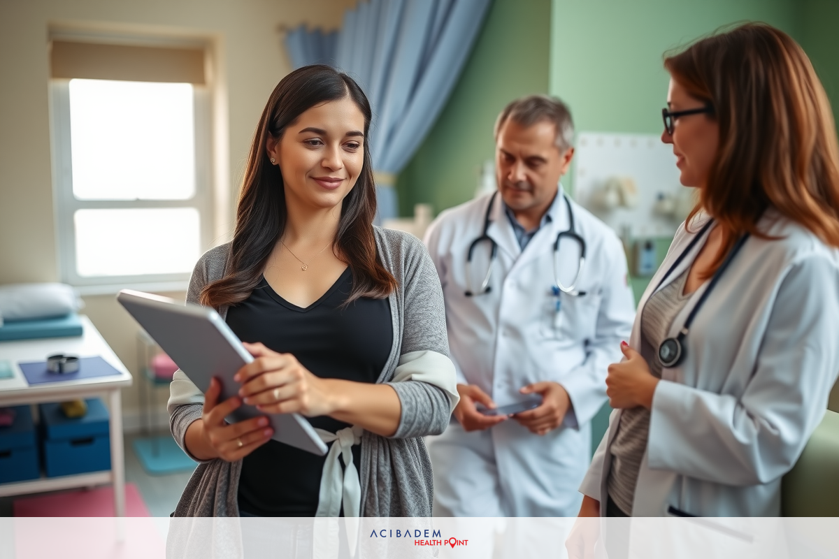 In the image, a woman is seated with two doctors, engaged in what appears to be a healthcare consultation. The setting is a well-lit examination room with a desk and medical equipment visible. One of the doctors is holding a tablet or notepad, indicating an active discussion about the patient's case. Everyone is dressed in professional attire, with one doctor wearing a white coat, signifying their role as a healthcare provider.