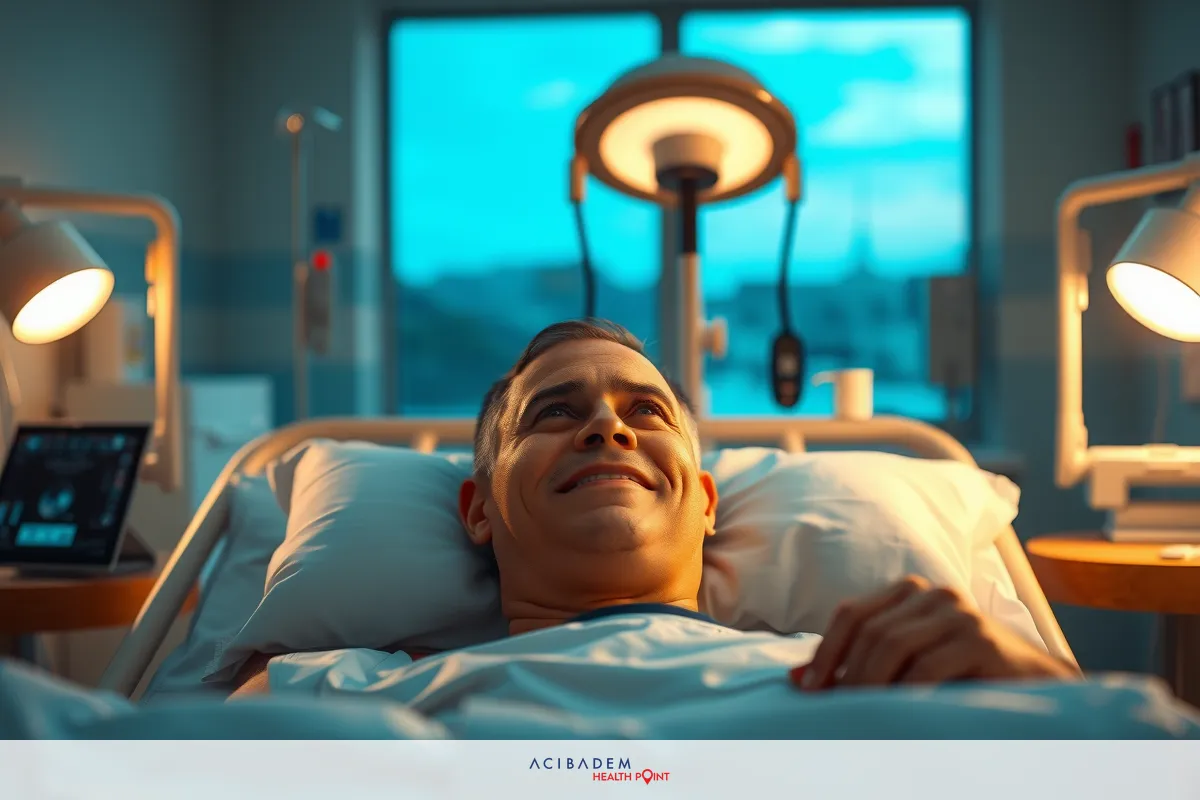 A person lying in a hospital bed, smiling and seeming at ease. The environment suggests a medical setting with lamps on both sides of the bed for illumination.