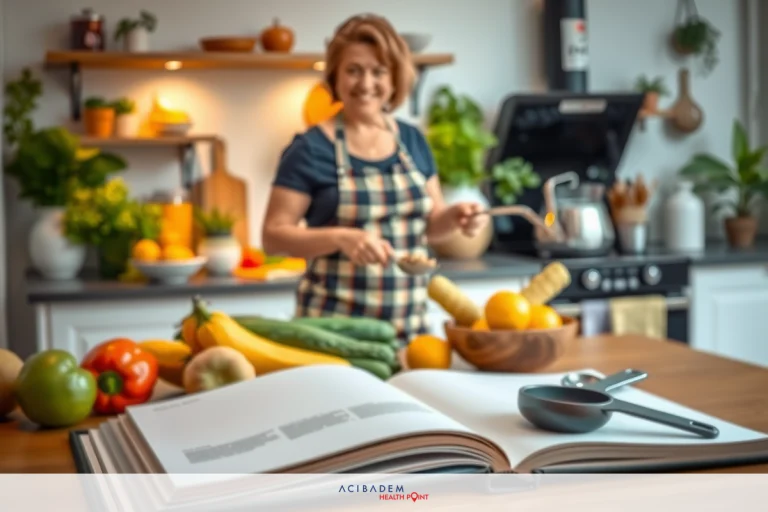 Can You Drink Fizzy Drinks After a Gastric Sleeve? The image features a woman in an apron preparing food. She is standing at a kitchen counter with various fresh ingredients such as fruits and vegetables. The setting appears to be a home kitchen, indicating a domestic cooking scenario. There are cookbooks open on the counter, suggesting she may be following a recipe while preparing her meal.