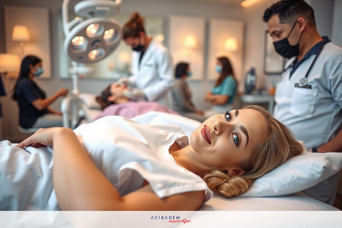 The image shows a medical office setting. There is a woman lying on a treatment table in the center of the frame, with plastic surgeons surrounding her. The environment suggests a professional and clean atmosphere.