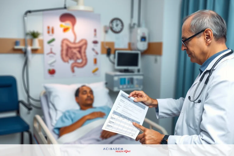 A doctor is in a hospital room with a patient. The doctor is reading medical documents while the patient lies on a bed, hooked up to medical equipment. The medical equipment is visible along with diagrams of anatomical structures.