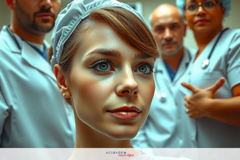 Manhattan Ethnic Rhinoplasty Surgery In a hospital setting, a patient is seated in an examination chair with her head slightly tilted towards the camera. She wears a surgical cap and appears calm. A group of medical professionals are standing around her, one pointing at something out of frame, suggesting an evaluation or discussion about the patient's condition.