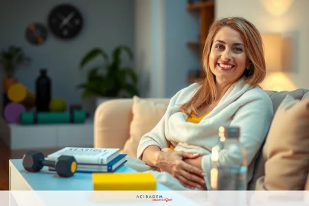 A woman seated on a couch, wearing a white robe and smiling. The setting appears to be a living room with books and exercise equipment in the background.