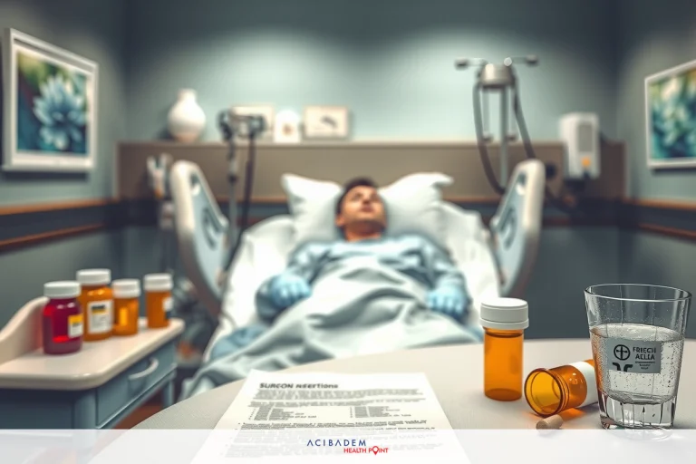 How Long After Gastric Sleeve Can I Take Ibuprofen The image depicts a person lying in a hospital bed. The individual appears to be on medical equipment, possibly receiving treatment or monitoring. There are various items on the table beside the bed including medication and personal care items. The environment suggests a clinical setting with lighting that indicates it is within an indoor facility.