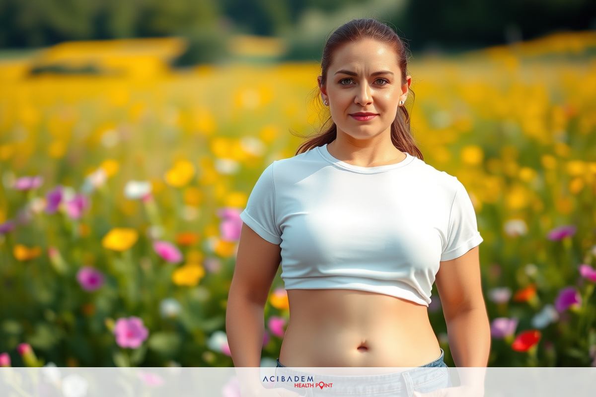 The image is a portrait of a woman standing in a field with vibrant flowers. The woman appears to be young, dressed in casual clothing with a white top and jeans. Her stance is confident and she is looking directly at the camera. The background is filled with colorful wildflowers creating a lively and natural atmosphere.