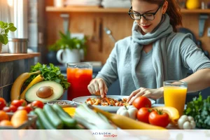 A woman prepares a healthy meal at home. She's cutting up vegetables on the kitchen counter. There are multiple fruits and vegetables arranged around her, indicating a focus on fresh produce. The scene suggests a lifestyle of healthy eating and cooking from scratch.