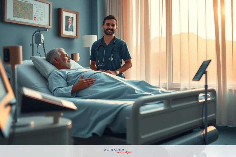 This is a scene in a hospital room, featuring two individuals. The central figure is an elderly man lying on a bed, and next to him stands a healthcare professional, possibly a nurse or doctor, dressed in medical attire with a stethoscope around their neck.