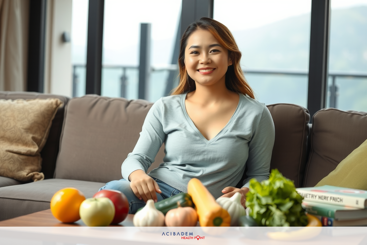 The image shows a woman sitting on a couch in front of various fresh fruits and vegetables. The setting appears to be indoors with a well-lit, clean environment. The woman is smiling and appears to enjoy the healthy snacks around her. There are oranges, a head of lettuce, and several other items displaying vibrant colors such as green, orange, yellow, and red.