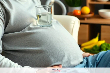 The image shows a person sitting on a couch with an expansive belly. The individual is wearing a grey shirt and has a glass of water placed on the belly. In the background, there is a dining table with various fruits such as bananas, apples, oranges, and broccoli.