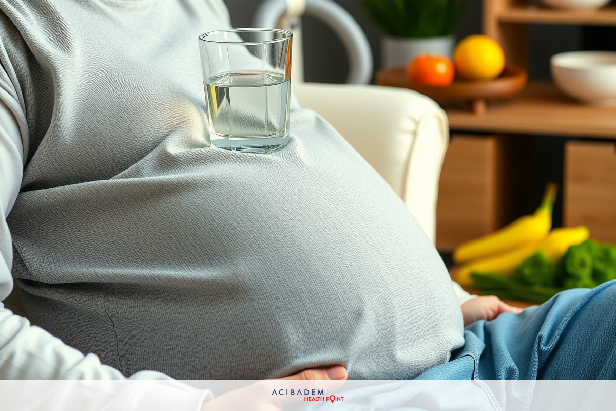 The image shows a person sitting on a couch with an expansive belly. The individual is wearing a grey shirt and has a glass of water placed on the belly. In the background, there is a dining table with various fruits such as bananas, apples, oranges, and broccoli.