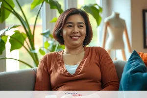 The image shows a smiling woman sitting on a couch. She is wearing an orange top and appears to be engaged in a casual conversation. The room has a warm, inviting ambiance with indoor plants adding a touch of greenery.