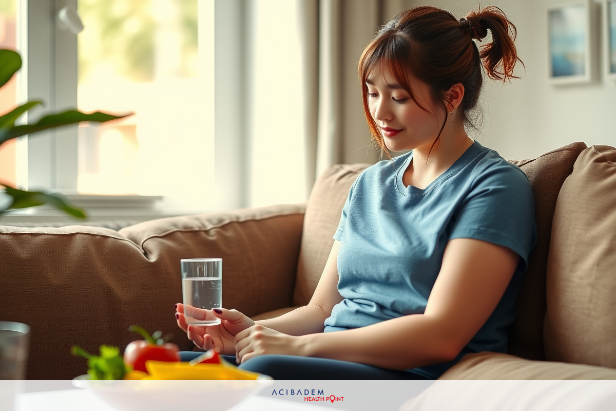 The image shows a woman sitting on a couch, looking at her hand. She is wearing a scrub and appears to be in a domestic setting with a bowl of fruit beside her.