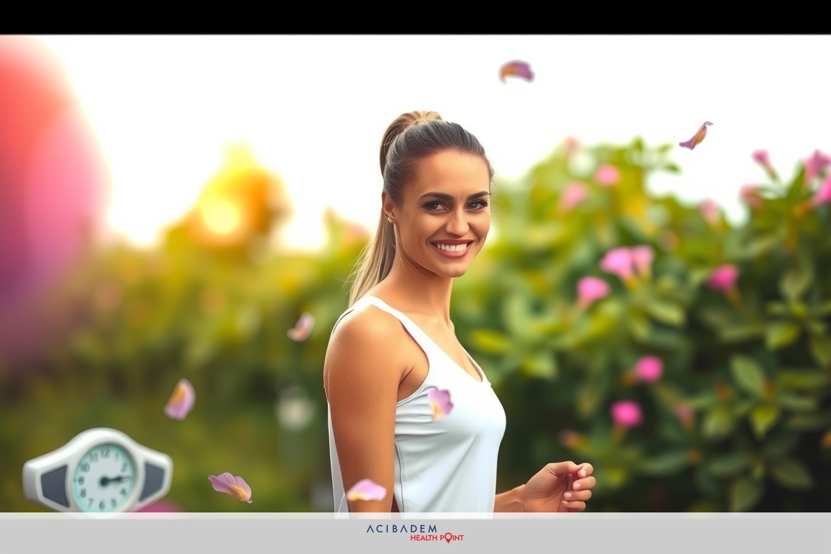 The image features a woman standing in an outdoor setting with blooming flowers. She is wearing a white top and smiling, looking directly at the camera. The flowers are pink and yellow, suggesting it might be spring or summer.