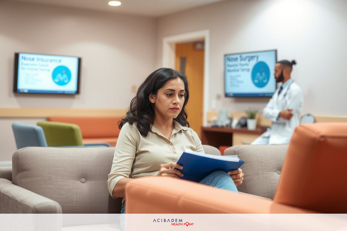 A woman seated in a modern waiting area, wearing casual clothes. She is reading documents and appears to be focused on her task. The room has comfortable seating with couches and chairs, suggesting a healthcare or corporate setting.