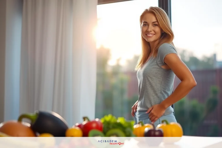 This is a photograph of a smiling woman standing in a room filled with natural light. She has long hair and is wearing casual clothing, a blue top and jeans. The room appears to be a kitchen or dining area, as there are various pieces of produce such as apples, bananas, carrots, and broccoli on the table in front of her.