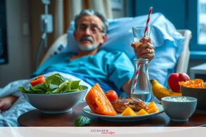 In the image, a person is in a hospital bed. The patient has various types of food and beverages arranged before them on the tray table, including fresh fruits such as apples and oranges, vegetables like carrots, and bread. There are also some condiments like sauce. A bottle labeled 'water' is visible among the items. The environment suggests a healthcare setting with medical equipment likely present but not in focus in the image.