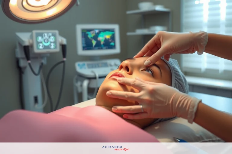 The image shows a medical setting with an individual lying down, likely in a hospital or dental clinic. A professional is performing a procedure on the patient's face using gloves and tools that are typical for such environments. The colors are sterile and clinical, reflecting the focus of cleanliness and hygiene commonly found in medical settings.