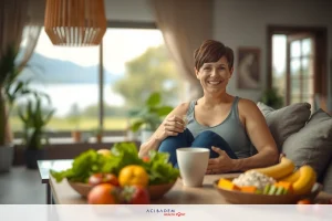 In the image, a woman is sitting at a kitchen counter. She has short hair and is smiling as she enjoys a healthy snack consisting of a variety of fruits including bananas, oranges, and apples. The kitchen has modern decor with wooden elements and natural light coming in through the windows. There are potted plants adding a touch of greenery to the space.