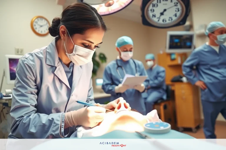 The image depicts a surgical setting. There is an individual, likely a medical professional, wearing surgical attire and focused on some sort of procedure. This person appears to be using gloves and is possibly sewing or repairing tissue. In the background, there are other individuals, also in surgical attire, observing the procedure.