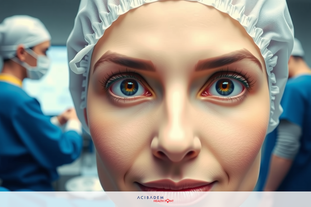 The image shows a female surgeon in a surgical environment wearing a sterile head covering. She has blue eyes and is looking directly at the camera with a focused expression. The background includes other medical personnel, operating equipment, and screens displaying medical information. The color palette is sterilized whites, blues, and green hues indicative of an operating theatre setting.