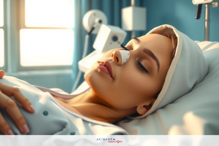 The image features a woman lying on her back in a hospital bed, with medical equipment visible around her. Her nose is being checked or treated with what appears to be a nasal cannula. The environment suggests an indoor setting, possibly a healthcare facility. The color palette includes blues and whites, which are typical of clinical environments.