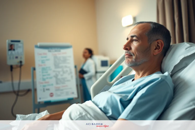 A hospital bed with a man in it. The patient is wearing a gown, and the environment suggests a clinical setting.