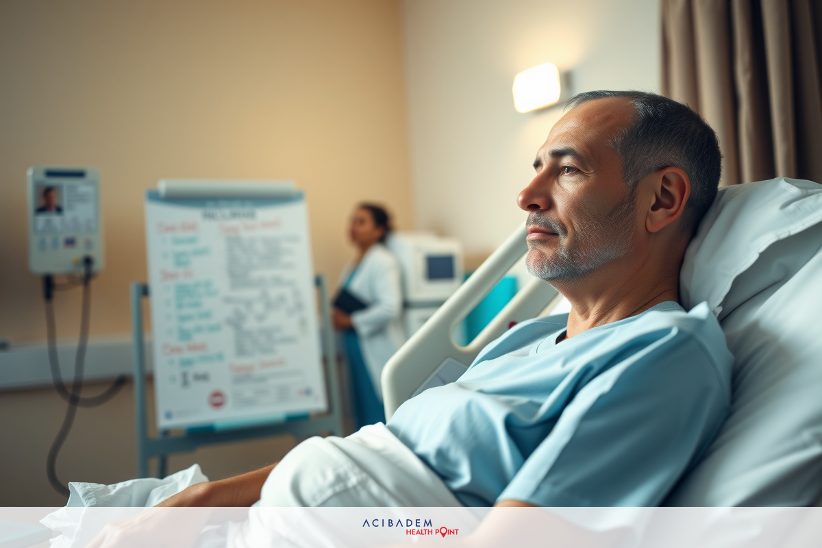 A hospital bed with a man in it. The patient is wearing a gown, and the environment suggests a clinical setting.