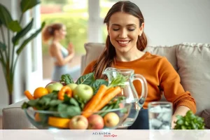 The picture shows a woman sitting in the living room, smiling and looking happy. She is wearing comfortable clothes. There is a bowl of mixed fruits such as apples and oranges, and carrots, fresh produce. The atmosphere is comfortable and evocative of home.