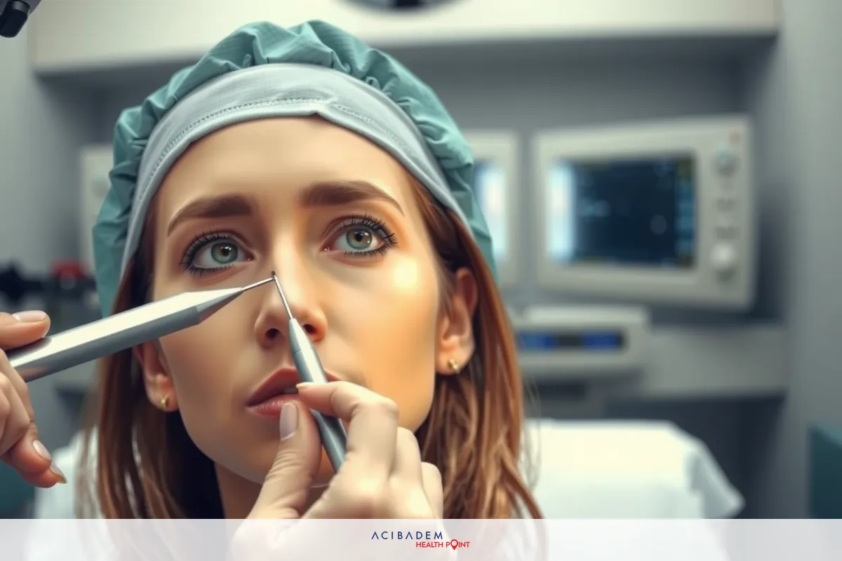 The image shows a woman sitting in a medical chair, nose plastic surgery. A plastic surgeon is using an sticks to examination. The medical clinic has an examination table and medical equipment visible in the background.
