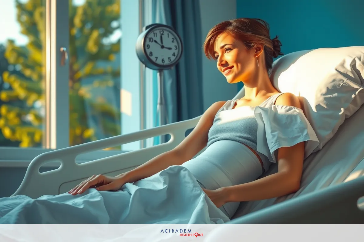 The image shows a woman lying in a hospital bed. She is wearing a gown and appears to be resting or perhaps waiting for treatment. There's a clock visible on the wall, indicating it could be late morning or afternoon given the time of day. The room has a bright, airy feel due to natural light coming through a window, which suggests a peaceful environment despite being in a hospital.