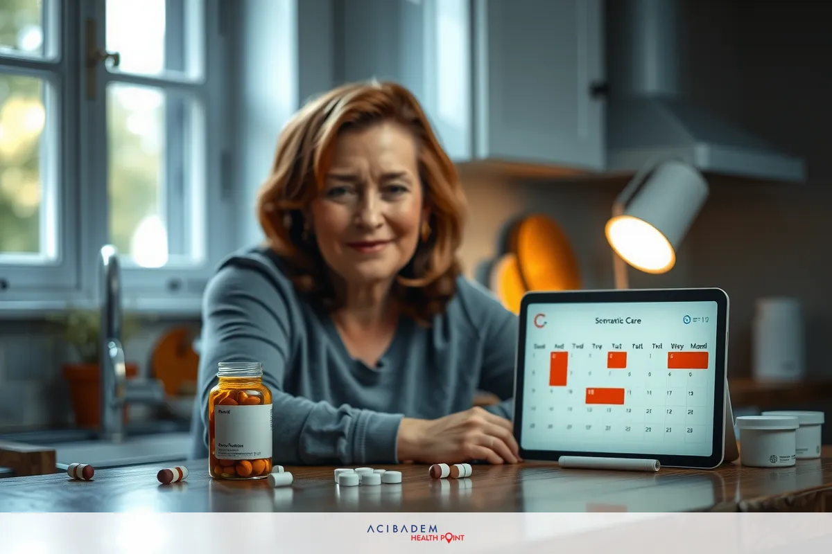The image depicts a woman in a domestic kitchen setting. She appears to be checking her medication or planning her daily activities using a tablet and a pill organizer on the counter. The scene has a calm, organized atmosphere.